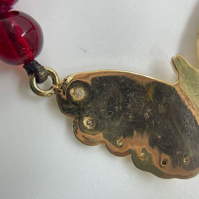 Ferragamo Vintage Rare Red Ruby Beads Necklace Gold Plated Butterfly Signed