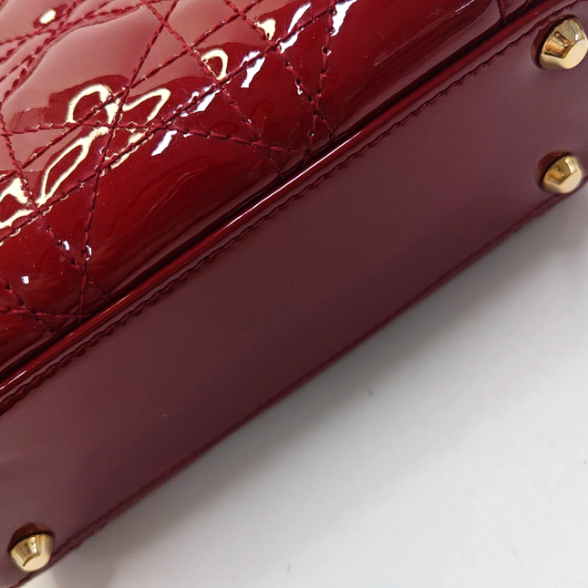 Lady Dior Mini Handbag Burgundy Red Patent Leather Gold-tone Chain Strap