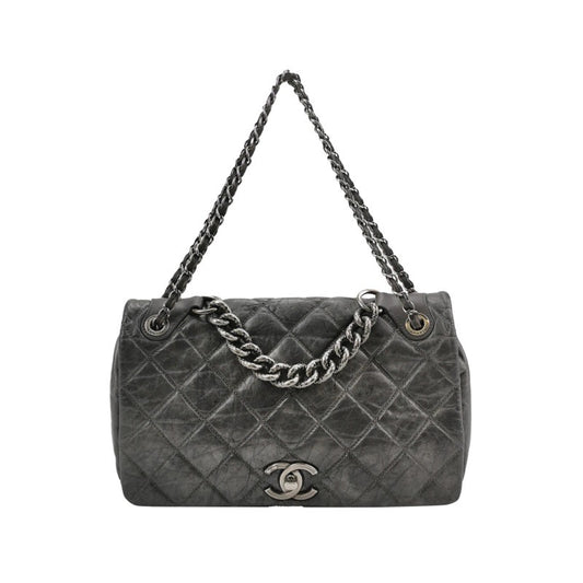 Chanel Paris Bombay Pondicherry Flap Bag Quilted Large Grey Silver Hardware-Luxbags