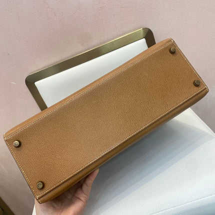 Hermes Kelly 32 Sellier Vintage Gold Epsom Leather Gold Hardware With Strap 1990