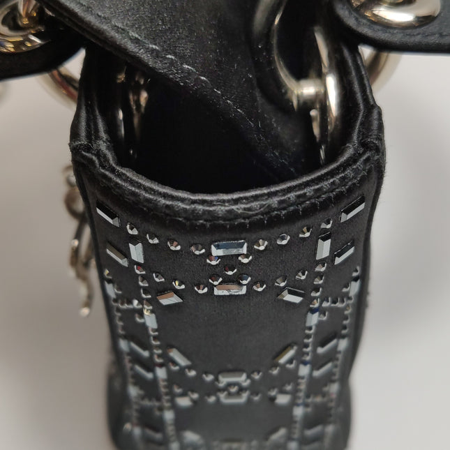 Lady Dior Mini Black Silk with Crystals Silver Hardware