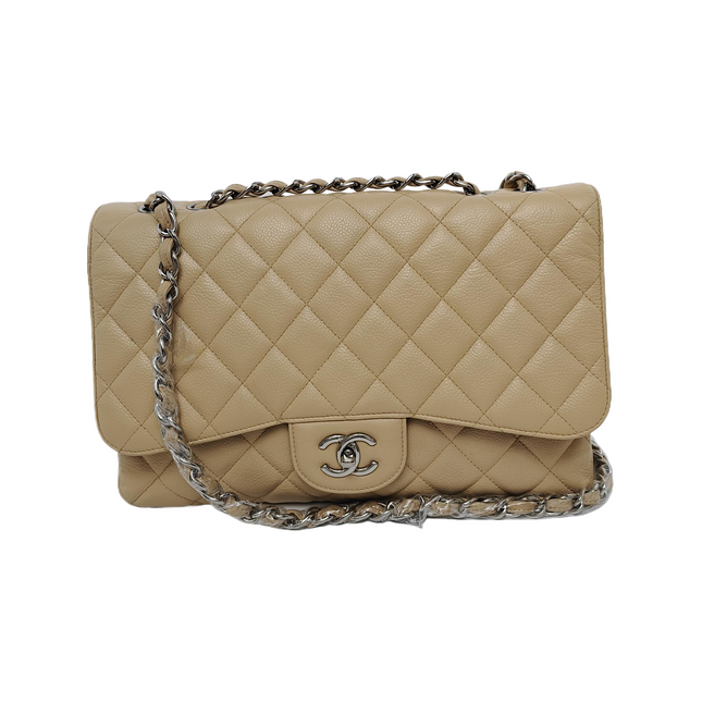 Chanel Classic Flap Jumbo 2009 Beige Caviar Leather Single Flap Silver Hardware-Luxbags