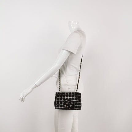Chanel Mini Rectangular Tweed Flap Bag Black Pink Camellia Single Chain Crossbody