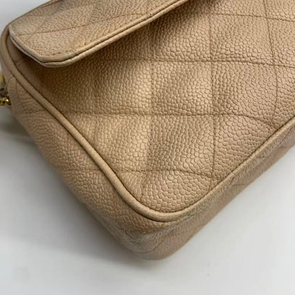 Chanel Medium Camera Case Bag Beige Caviar Leather Gold Hardware