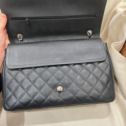 Chanel Classic Flap Maxi Black Caviar Leather Double Flap Sliver Hardware