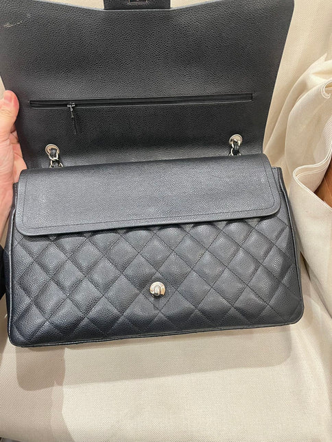 Chanel Classic Flap Maxi Black Caviar Leather Double Flap Sliver Hardware