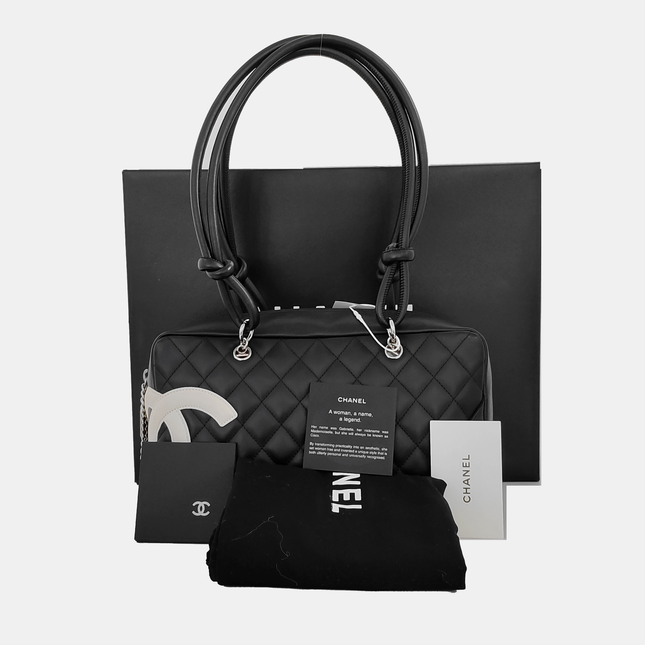 Chanel Cambon Medium Shoulder Bag Black Calfskin Leather Double Strap