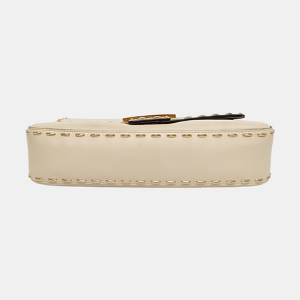Fendi Baguette Selleria Medium White Calfskin Leather Gold Studs Crossbody Bag