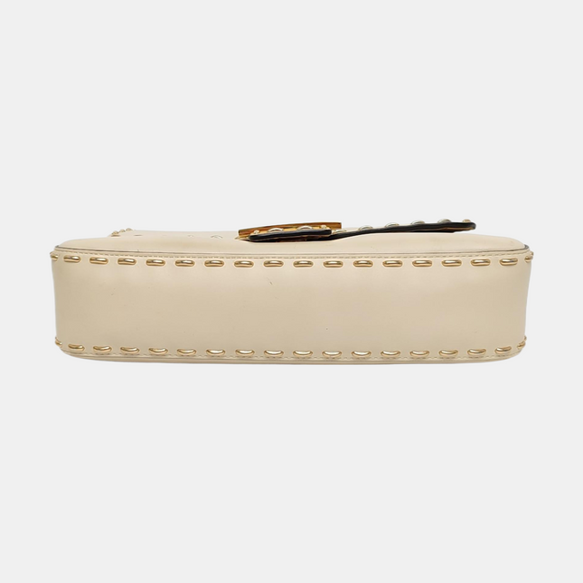 Fendi Baguette Selleria Medium White Calfskin Leather Gold Studs Crossbody Bag