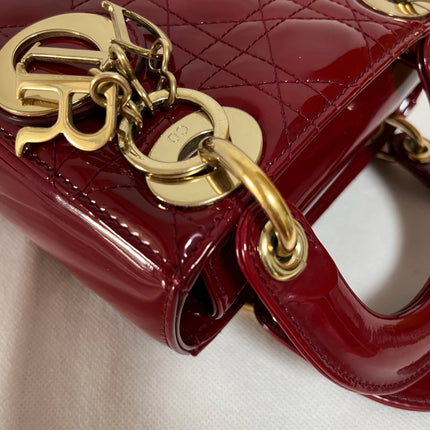 Lady Dior Mini Handbag 2019 Burgundy Red Patent Leather Gold-tone Chain Strap