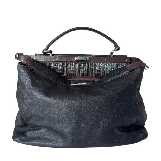 Fendi Peekaboo Large Black Calfskin Leather Glitter Beaded Zucca Interior-Luxbags