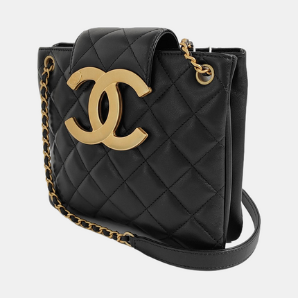 Chanel CC Small Shoulder Bag Giant Gold-tone CC Logo Black Lambskin Leather