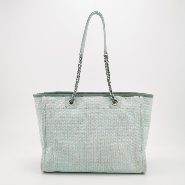 Chanel Deauville Tote Light Blue Cloth Leather Chain Handle Small 34cm