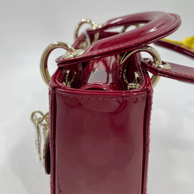 Lady Dior Mini Handbag 2021 Burgundy Red Patent Leather Gold-tone Chain Strap
