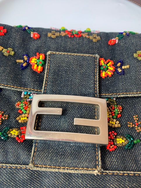 Sold FENDI Baguette Blue Denim with beaded Flower Embroidery