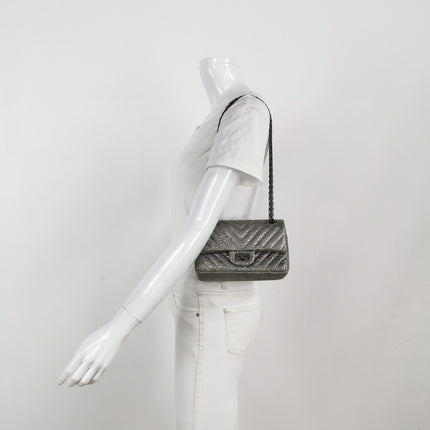 Chanel 2.55 Mini Chevron Stitching Silver Patterned Calfskin Leather Silver Hardware Flap Crossbody Bag