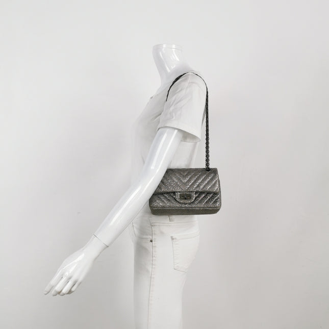 Chanel 2.55 Mini Chevron Stitching Silver Patterned Calfskin Leather Silver Hardware Flap Crossbody Bag