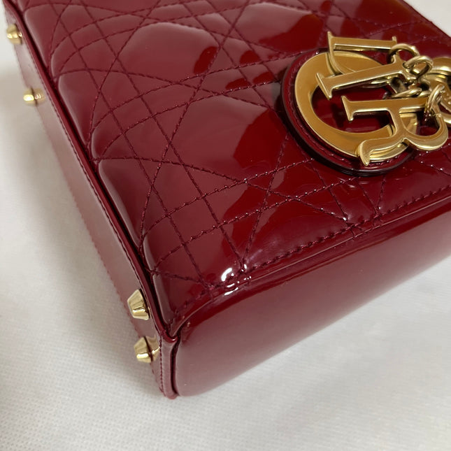 Lady Dior Mini Handbag 2019 Burgundy Red Patent Leather Gold-tone Chain Strap