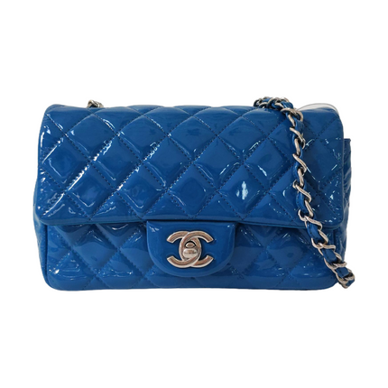 Chanel Classic Flap Mini Blue Patent Leather Silver Hardware-Luxbags