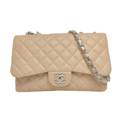 Chanel Classic Flap Jumbo Beige Caviar Leather Single Flap Silver Hardware-Luxbags
