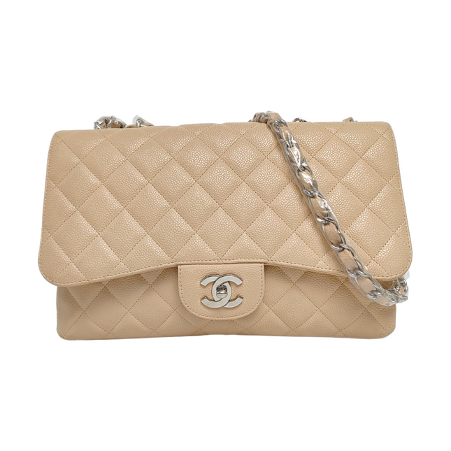 Chanel Classic Flap Jumbo Beige Caviar Leather Single Flap Silver Hardware-Luxbags