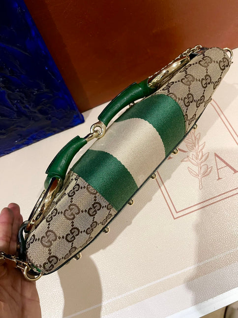 Gucci Horsebit 1955 Chain Cloth Green Web Monogram Leather and Gold Studs