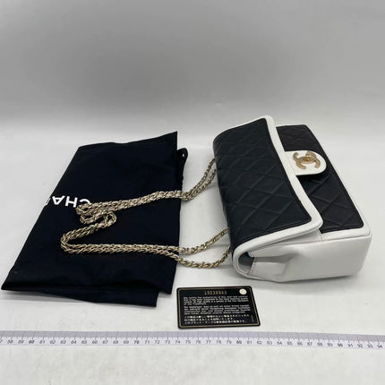 Chanel Graphic Medium Flap Bag Black Lambskin Leather White Edge
