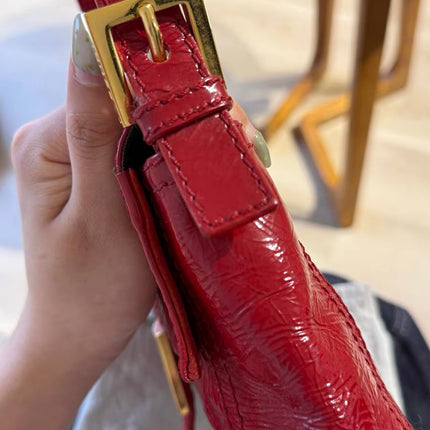 FENDI Baguette Red Crinkled Patent Leather Shoulder Bag