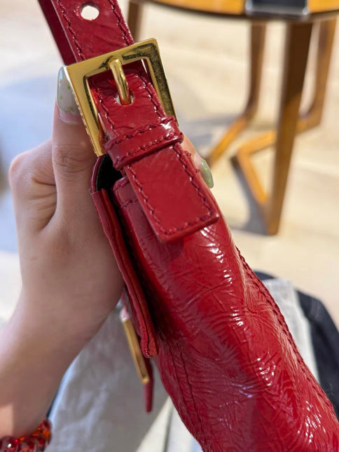 FENDI Baguette Red Crinkled Patent Leather Shoulder Bag