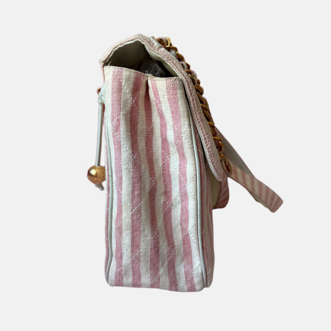 Chanel Vintage XXL Maxi Pink Striped Travel Flap Bag Canvas Gold Hardware