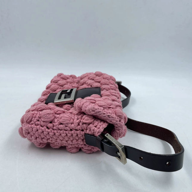 Sold Fendi Baguette Bag Pink Crochet Knit Wool Pompom Shoulder Bag