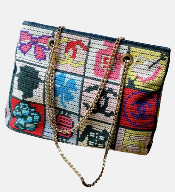 Rare Chanel Precious Symbols Needlepoint Shoulder Bag Shopper Tote-Luxbags