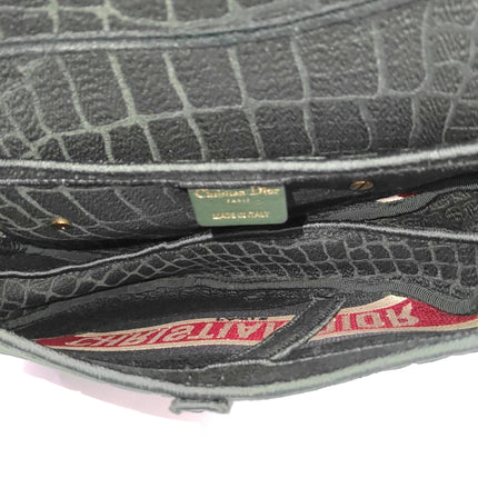 Dior Saddle Medium Green Velvet Crocodile Style Print Handbag
