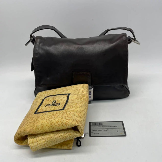 Fendi Mamma Baguette Chocolate Brown Lambskin Leather Silver Hardware