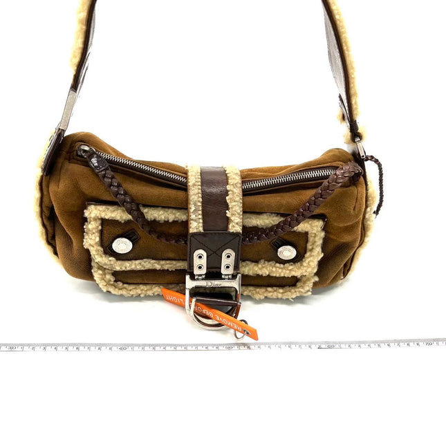 Dior Flight Medium Brown Shearling Leather with Orange Tag Shoulder Bag-Luxbags