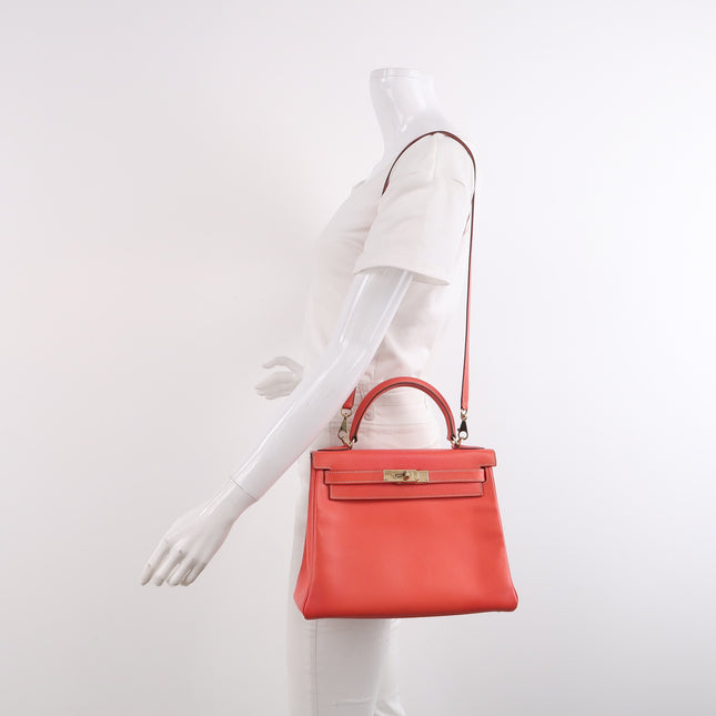 Hermes Kelly 28 Retourne Calfskin Leather Rose Exterior Brown Interior Gold Hardware Double Ring