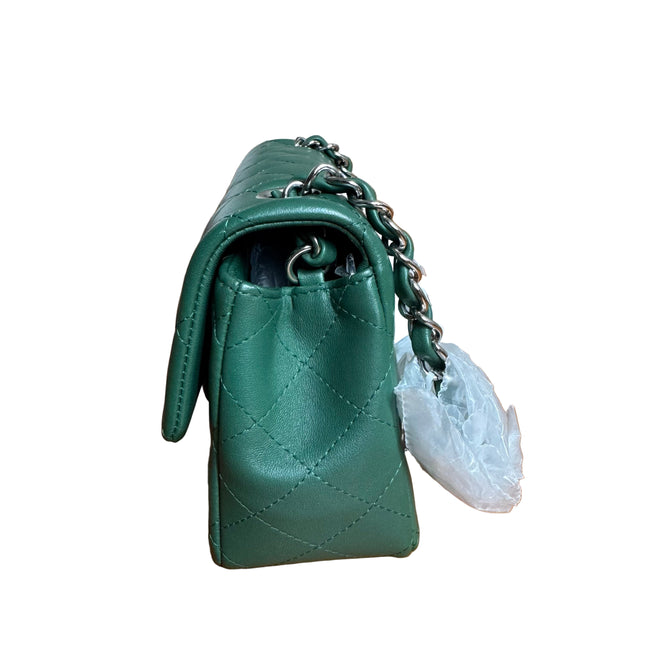Chanel Classic Flap Mini Rectangular Green Lambskin Leather Silver Hardware