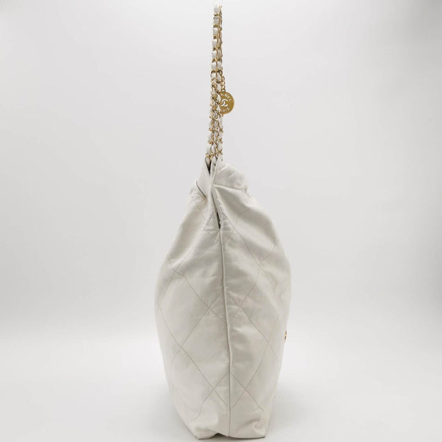 Sold Chanel 22 Hobo Bag Medium Shiny Calfskin Leather White with Gold-tone Hardware