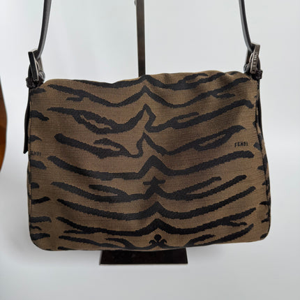 Fendi Mamma Baguette Brown Zebra Print Canvas Shoulder Bag