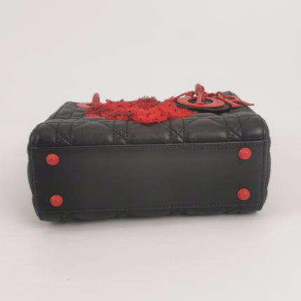 Lady Dior Mini Black Lambskin Leather Red Tulle Ruffle Heart Silver Hardware 2019