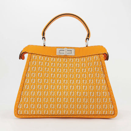 Fendi Peekaboo ISeeU Sellier Orange / White Interlace Leather Medium Top Handle Bag
