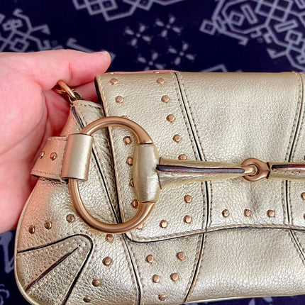 Sold Gucci Horsebit 1955 Chain Bag Pearlescent Gold Leather and Gold Studs
