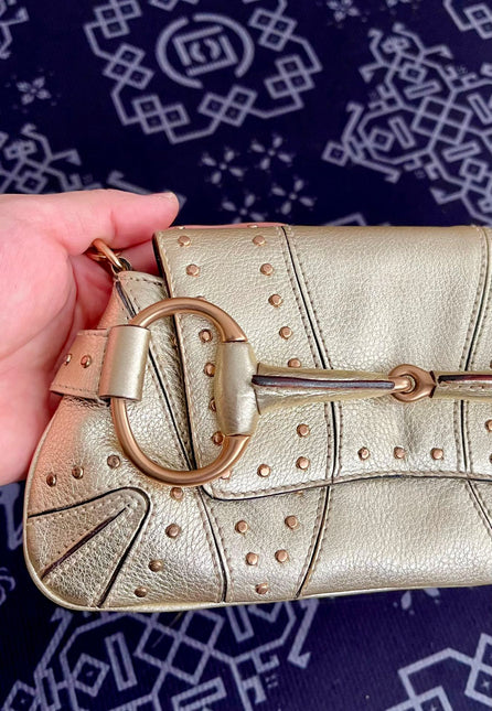 Sold Gucci Horsebit 1955 Chain Bag Pearlescent Gold Leather and Gold Studs
