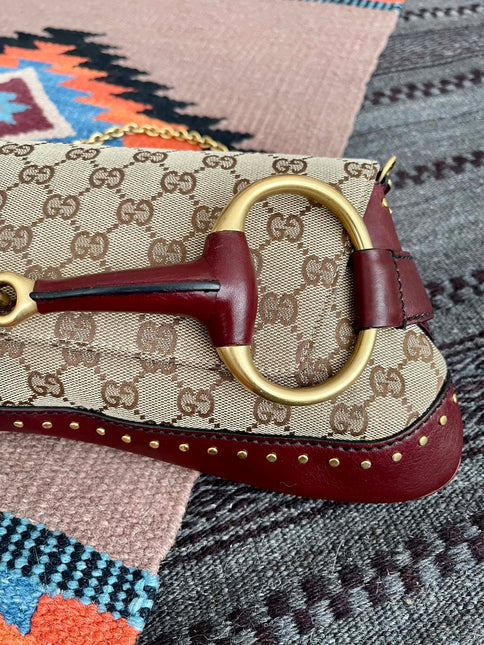Gucci Horsebit 1955 Large Cloth Beige Monogram Burgundy Leather Shoulder bag