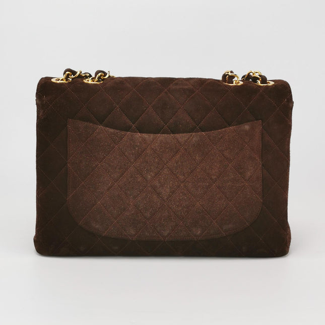 Chanel Classic Flap Maxi Chocolate Brown Suede Leather Giant Gold CC Logo