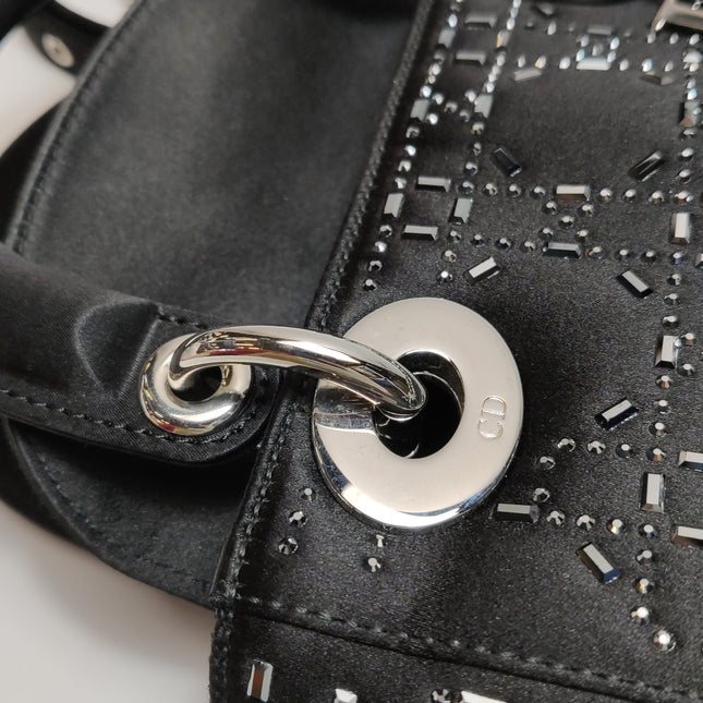 Lady Dior Mini Black Silk with Crystals Silver Hardware