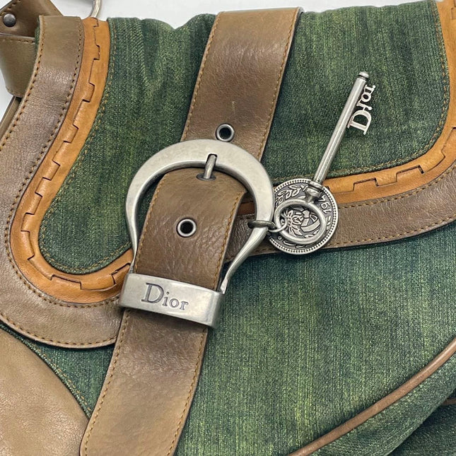 Dior Vintage Gaucho Large Green Denim Brown Leather Crossbody Bag