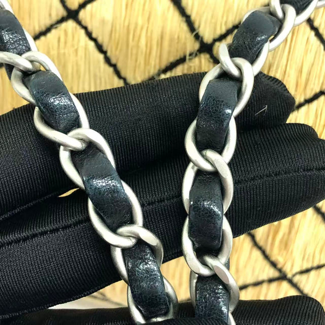 Chanel Medium Straw Wicker Flap Bag Black Diamond Wild Stitch