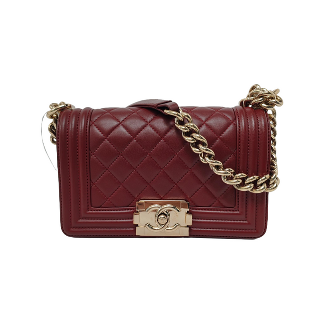 Chanel Le Boy Small Burgundy Lambskin Leather Antiqued Gold Hardware-Luxbags