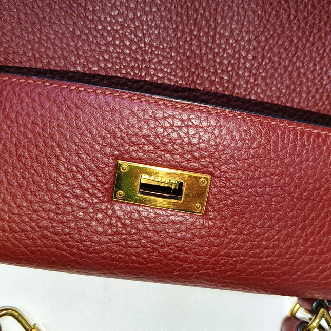 Hermes Kelly 32 Retourne Rouge H Burgundy Clemence Leather Double Ring Gold HW 2004